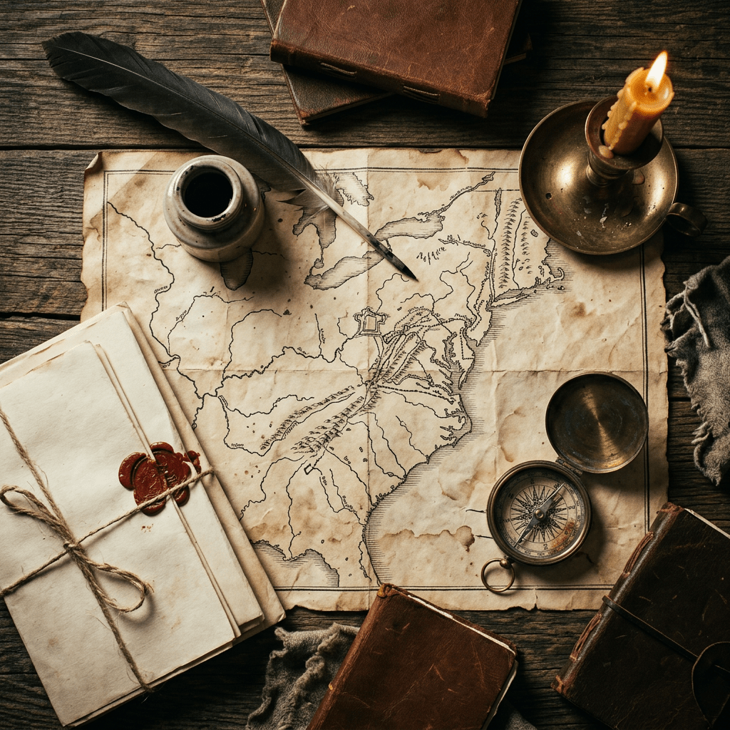 Antique map surrounded by a quill, compass, candle, books, and sealed letter