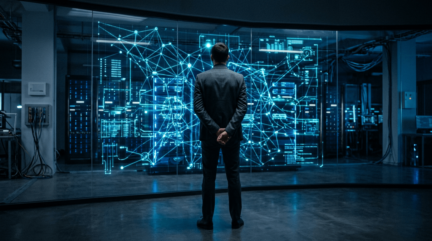 Executive viewing a glowing digital network in a server room