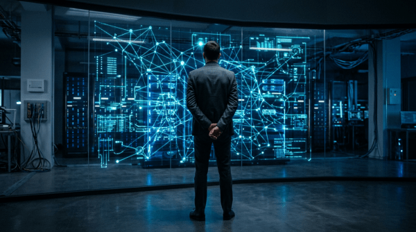 Executive viewing a glowing digital network in a server room