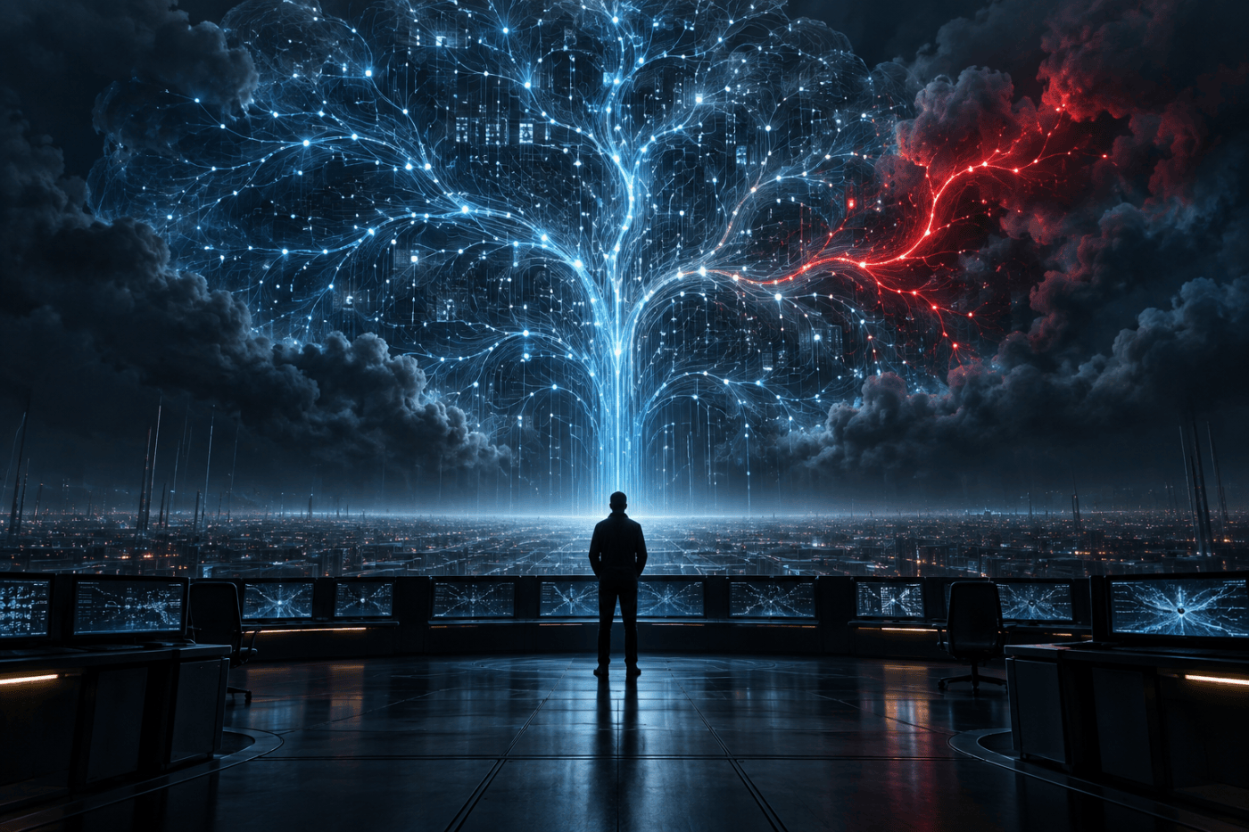 Human silhouette facing a vast blue neural network with a red warning branch