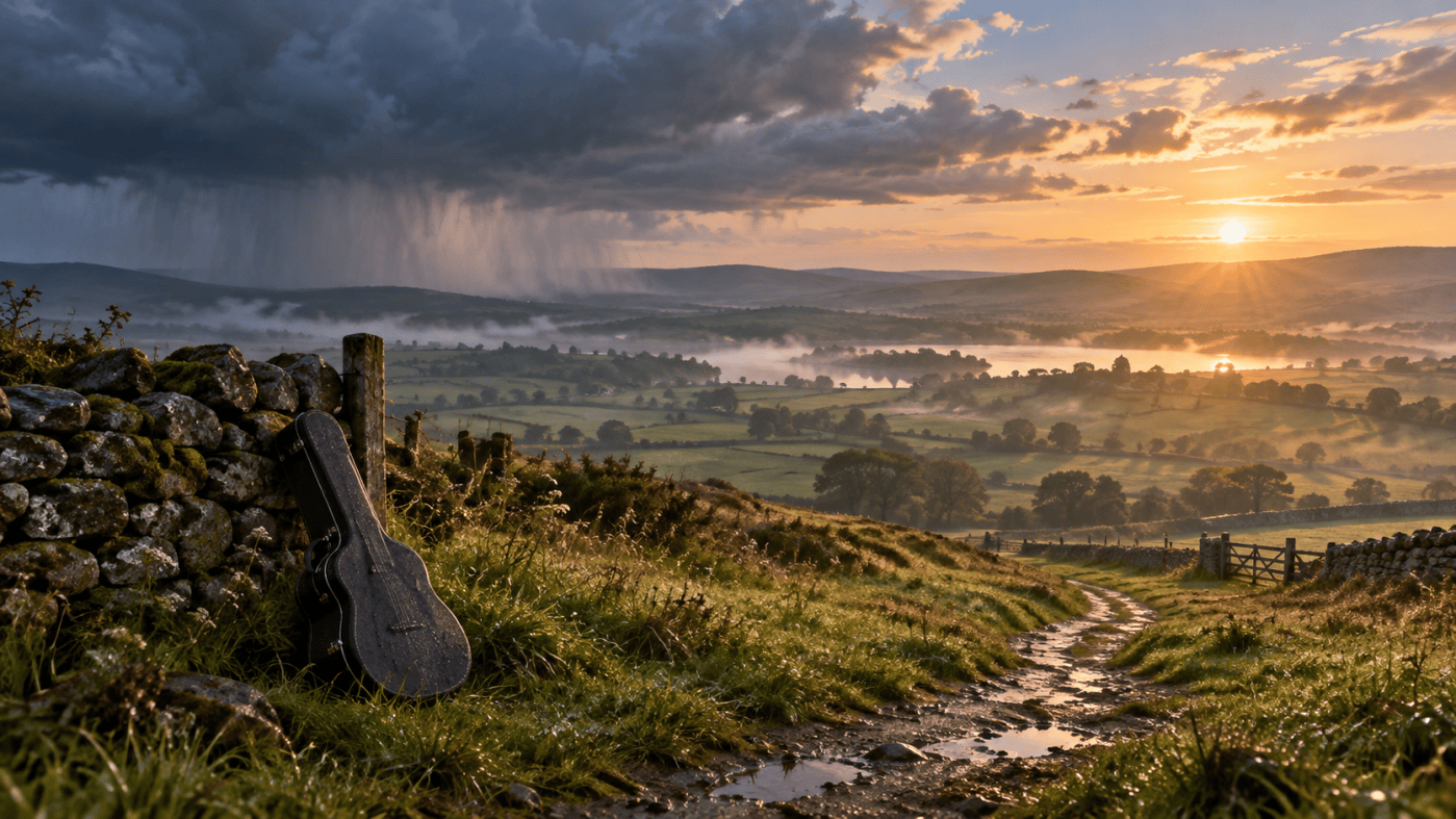 Rain clouds give way to sunrise over an English countryside, with a guitar case beside a winding path.