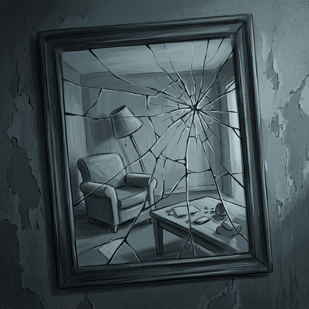 Cracked wall mirror reflecting an armchair, lamp, and cluttered coffee table
