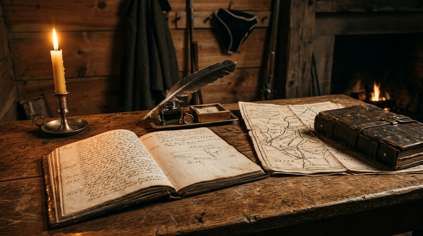 Open handwritten journal, quill, map, and leather-bound book on a wooden desk
