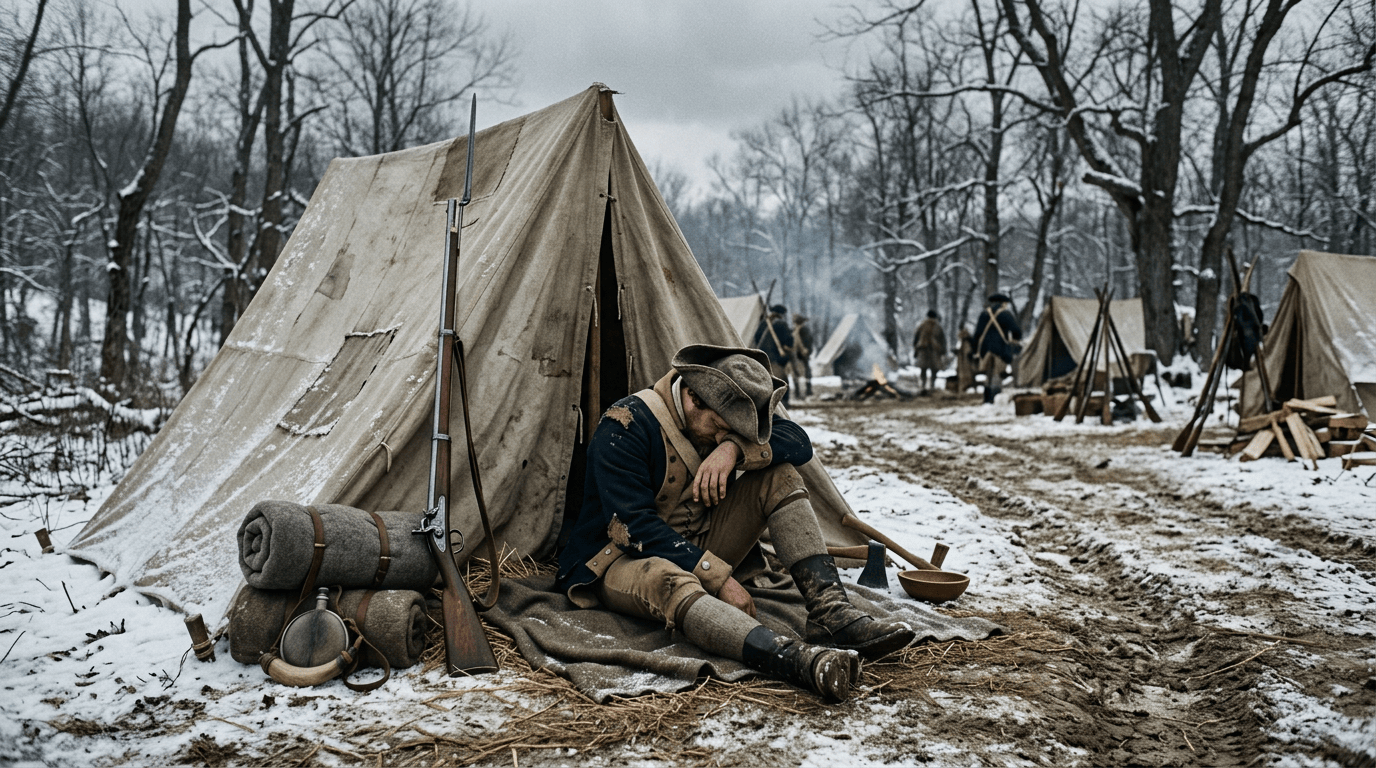 Reenactor resting beside a canvas tent in a snowy military camp