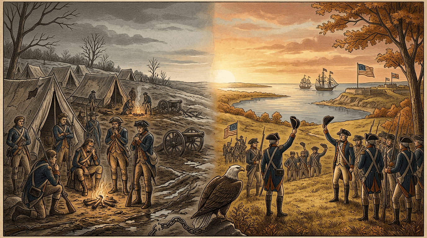 Split historical artwork contrasting 1776 and 1781