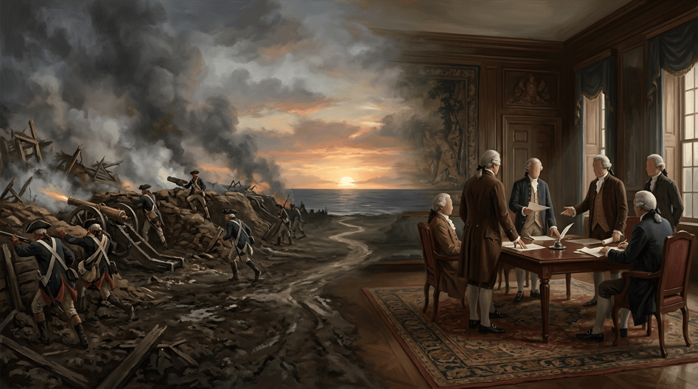 Historical battlefield beside gentlemen negotiating around a table indoors
