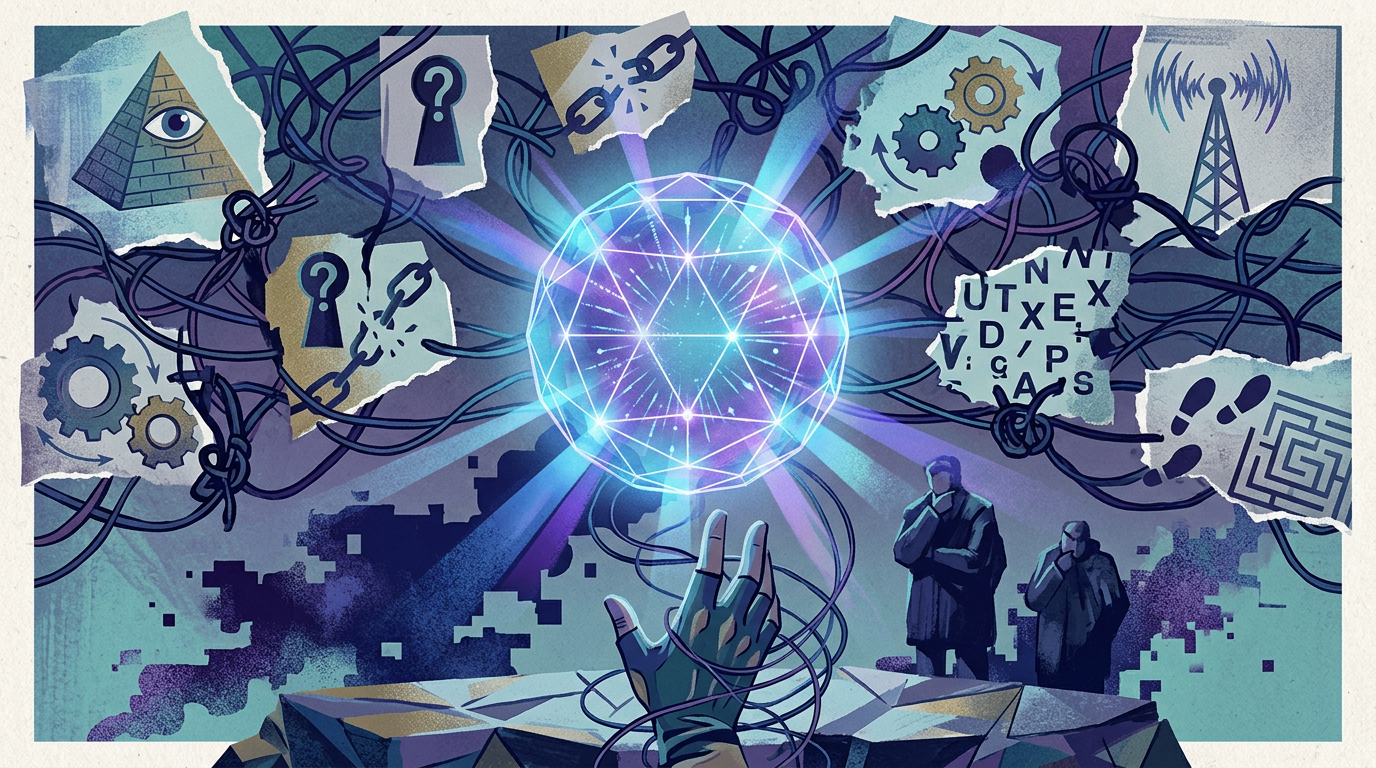Glowing geometric sphere above a hand amid tangled wires and symbolic diagrams