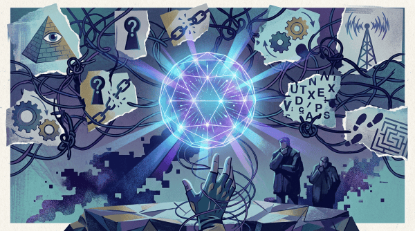 Glowing geometric sphere above a hand amid tangled wires and symbolic diagrams