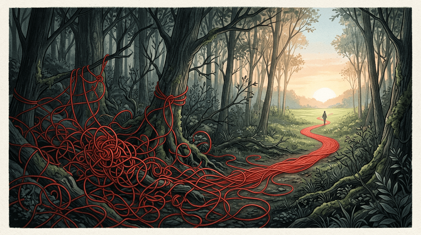 A person follows a red path through a tangled forest toward sunrise