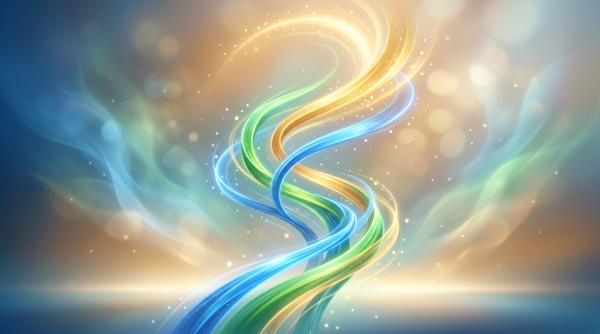 Blue, green, and gold luminous ribbons twisting through a glowing abstract background