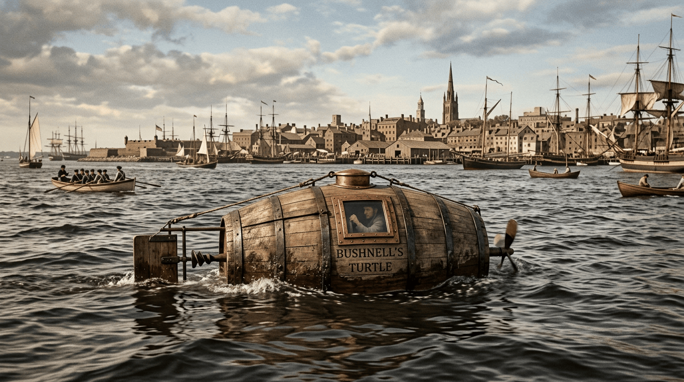 Wooden Bushnell's Turtle submarine labeled Bushnell's Turtle in a historic harbor