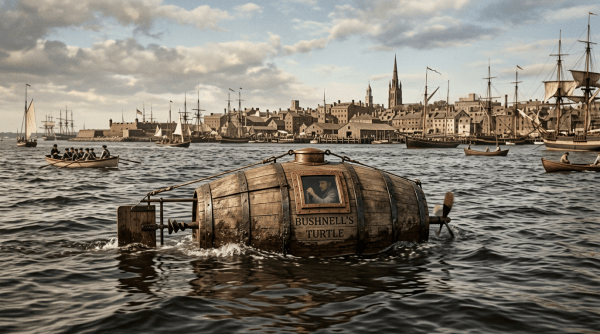 Wooden Bushnell's Turtle submarine labeled Bushnell's Turtle in a historic harbor