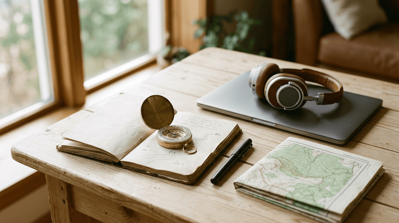 Open notebook, compass, map, pen, laptop, and headphones on wooden table