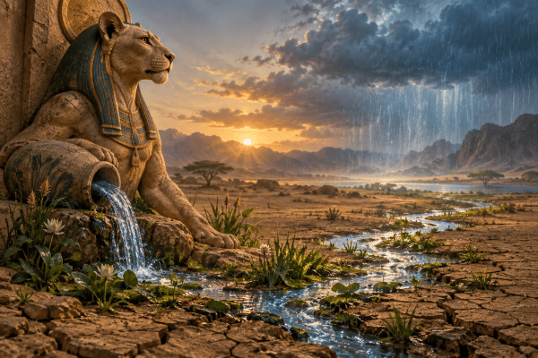 Tefnut-inspired lioness beside returning water and rain in a desert landscape