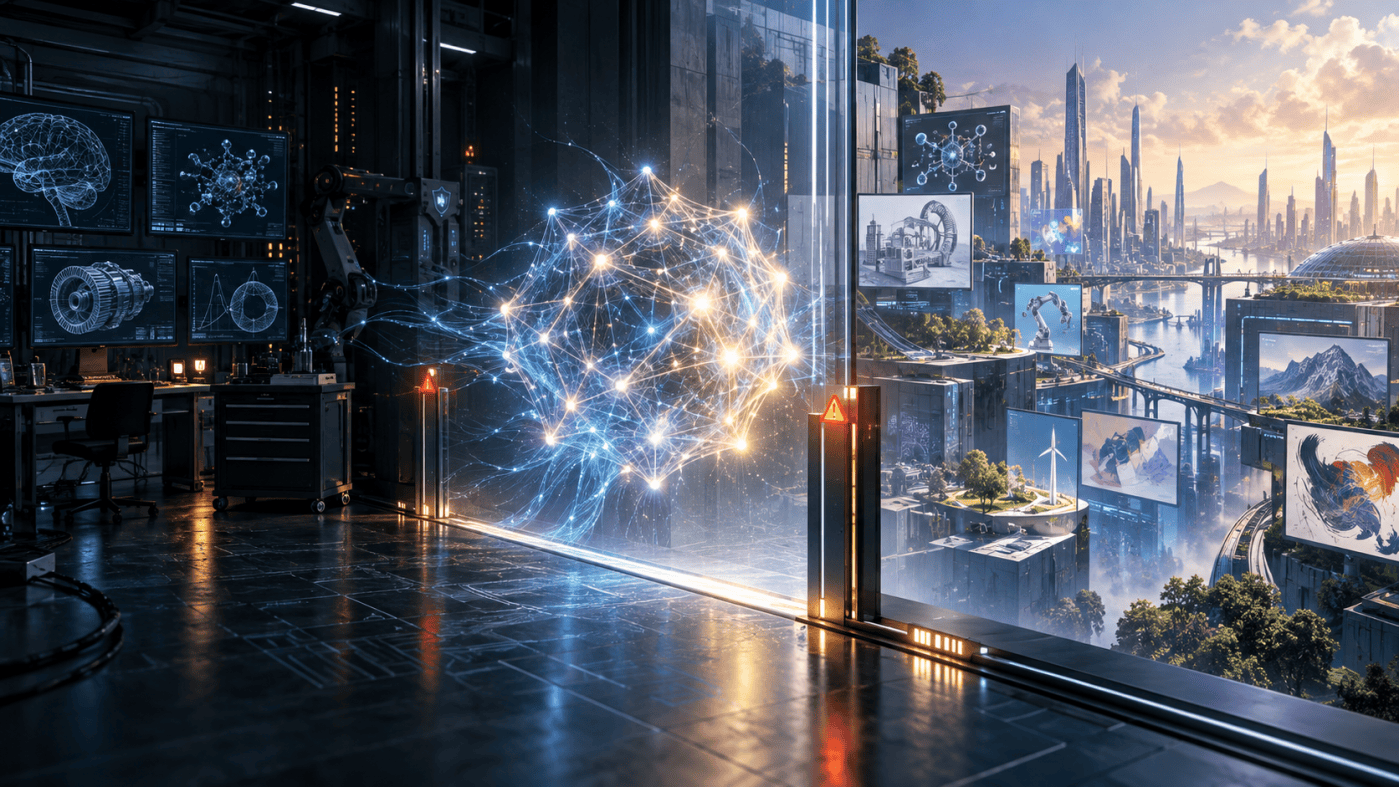 A luminous AI network crosses from a dark laboratory into a bright digital city while warning lights signal unresolved risks