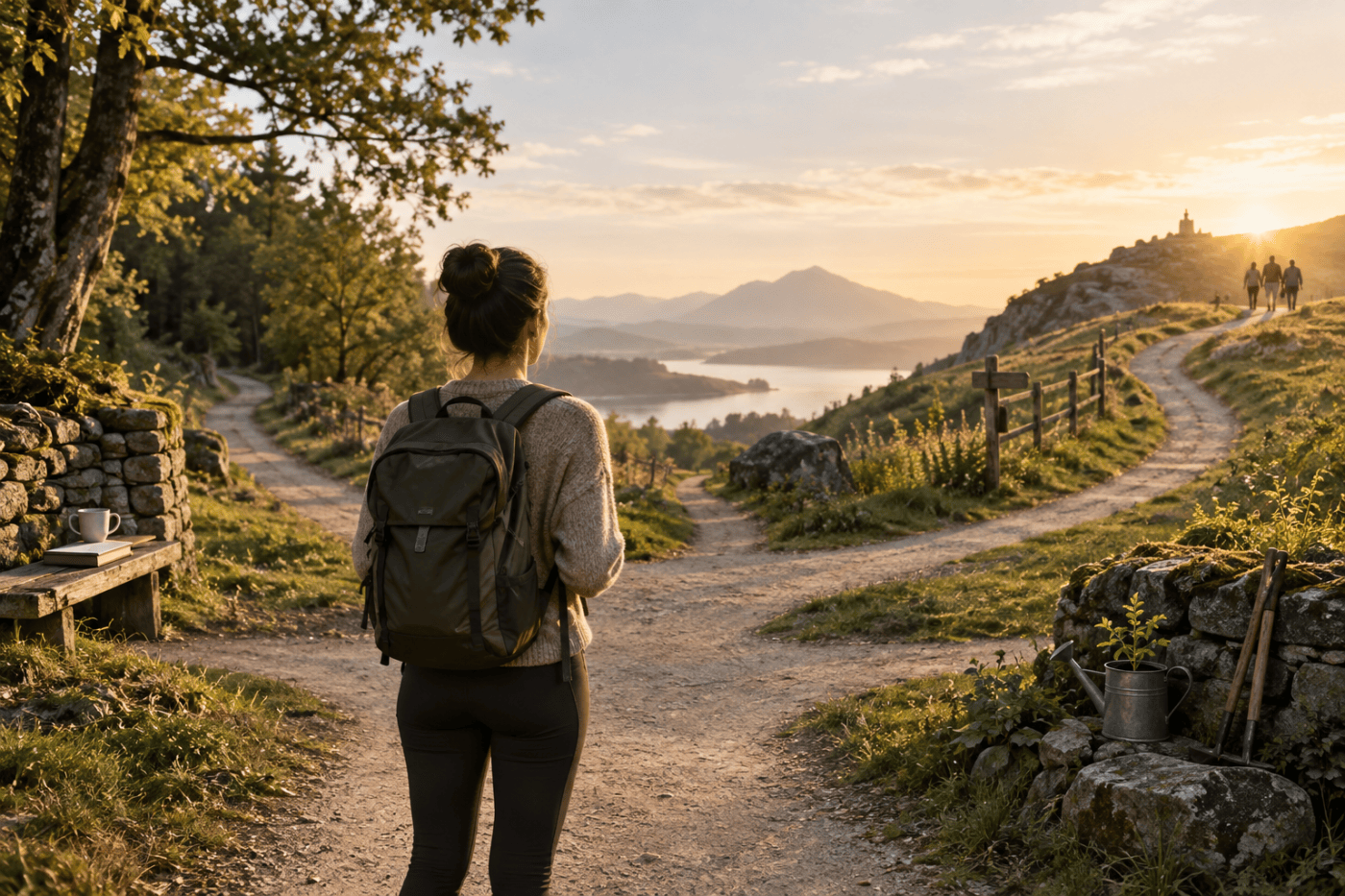 A woman pauses at a sunlit crossroads overlooking mountains, symbolizing choices about happiness, purpose, and connection.