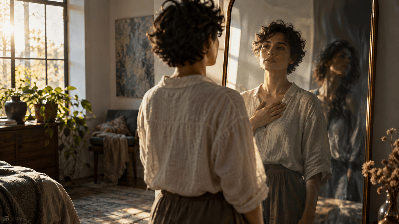 Person looking into a mirror with one hand over their heart, reflecting healthy self-honoring and the shadow side of ego