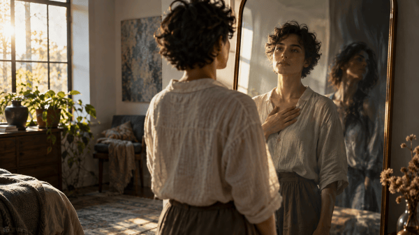 Person looking into a mirror with one hand over their heart, reflecting healthy self-honoring and the shadow side of ego