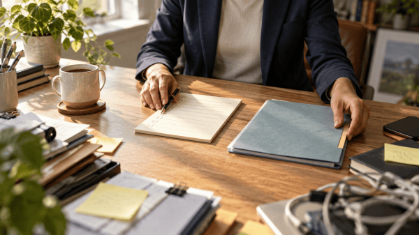 A professional organizes a task list and folders at a desk, focusing on controllable work amid surrounding clutter.