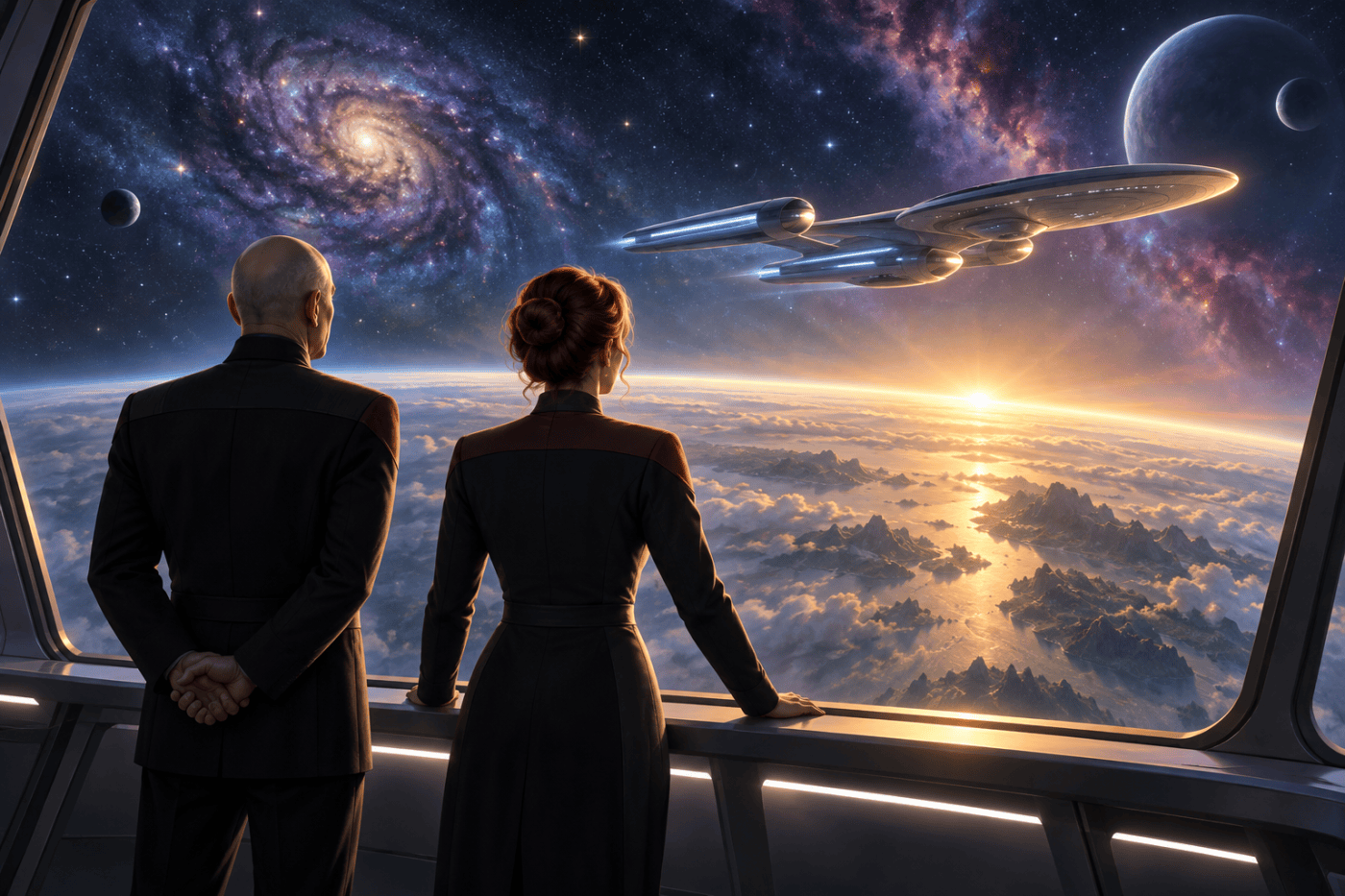 Two starship captains stand together on an observation deck, watching a spacecraft cross a luminous deep-space sunrise.