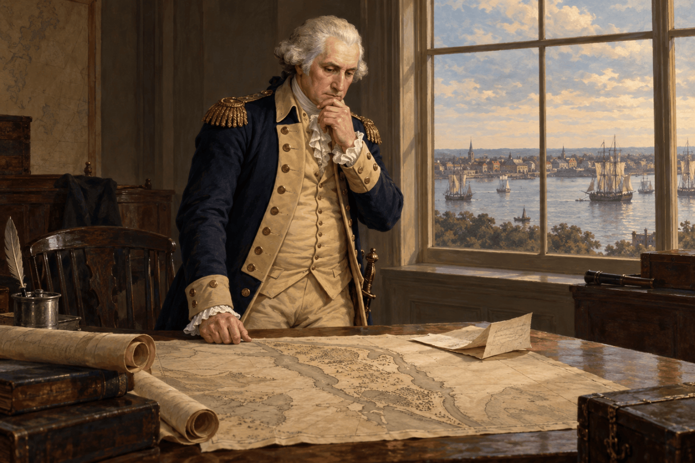 Historical illustration of George Washington studying a map beside a window overlooking colonial New York harbor.